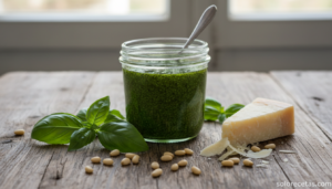 Salsa pesto casera verde intenso con albahaca, piñones y parmesano