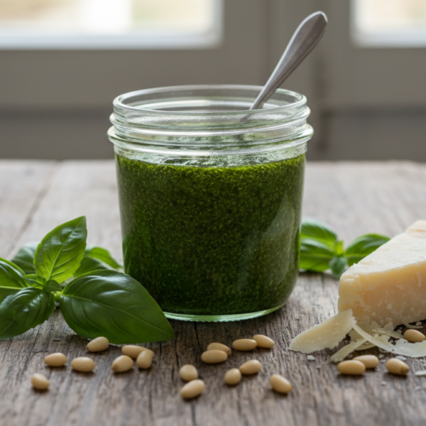 Salsa pesto casera verde intenso con albahaca, piñones y parmesano