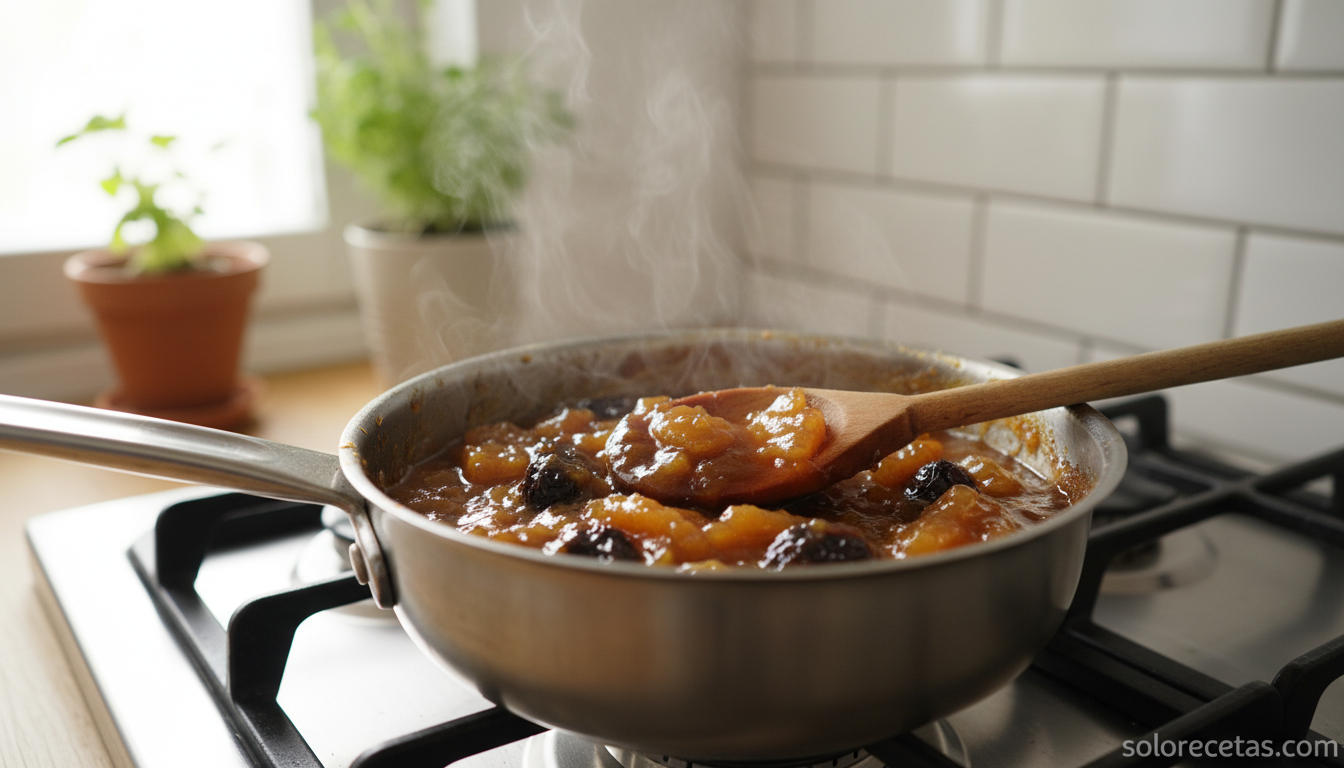 Salsa de piña asada con ciruelas pasas en cazo con textura rústica