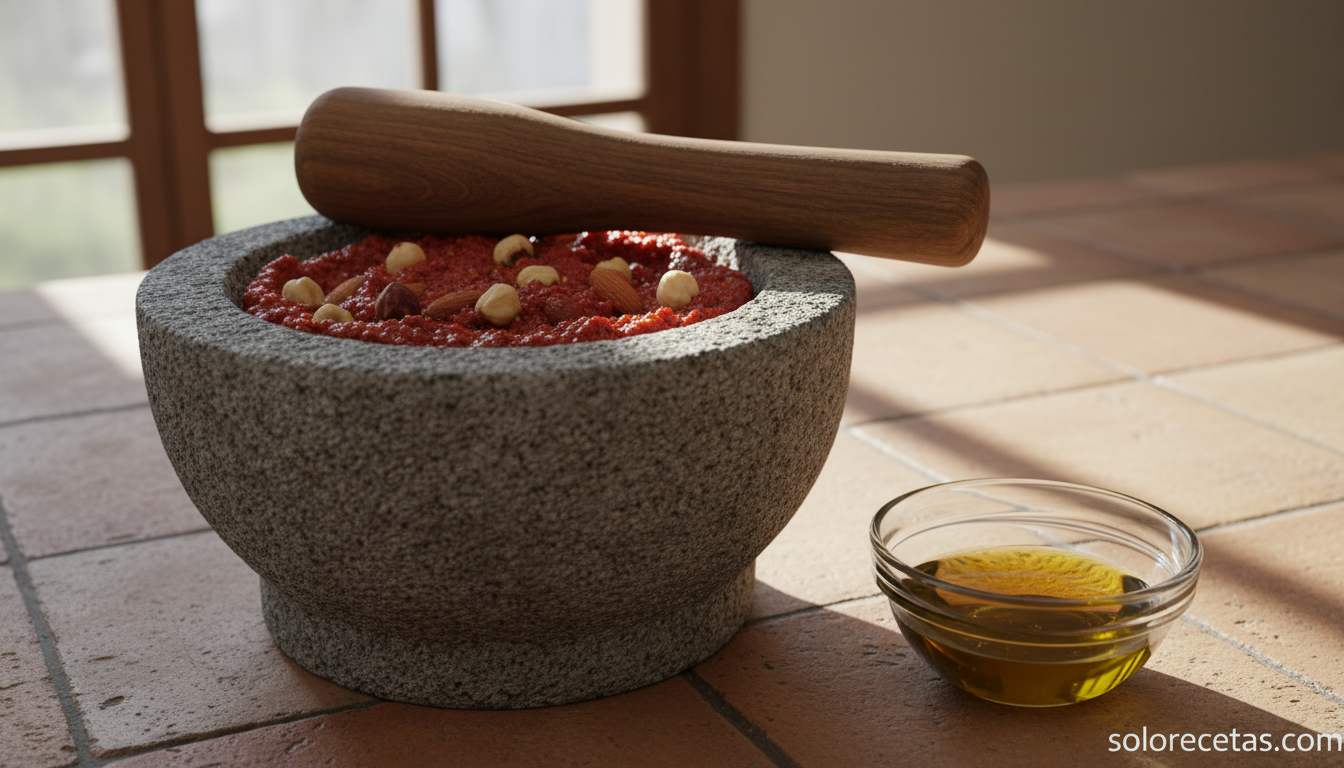 Espárragos a la brasa con salsa romesco: receta fácil al estilo catalán 2 Salsa romesco triturada en mortero tradicional catalán