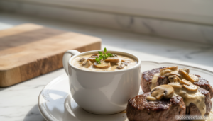 Salsa de setas cremosa en salsera con solomillo en plato y tomillo