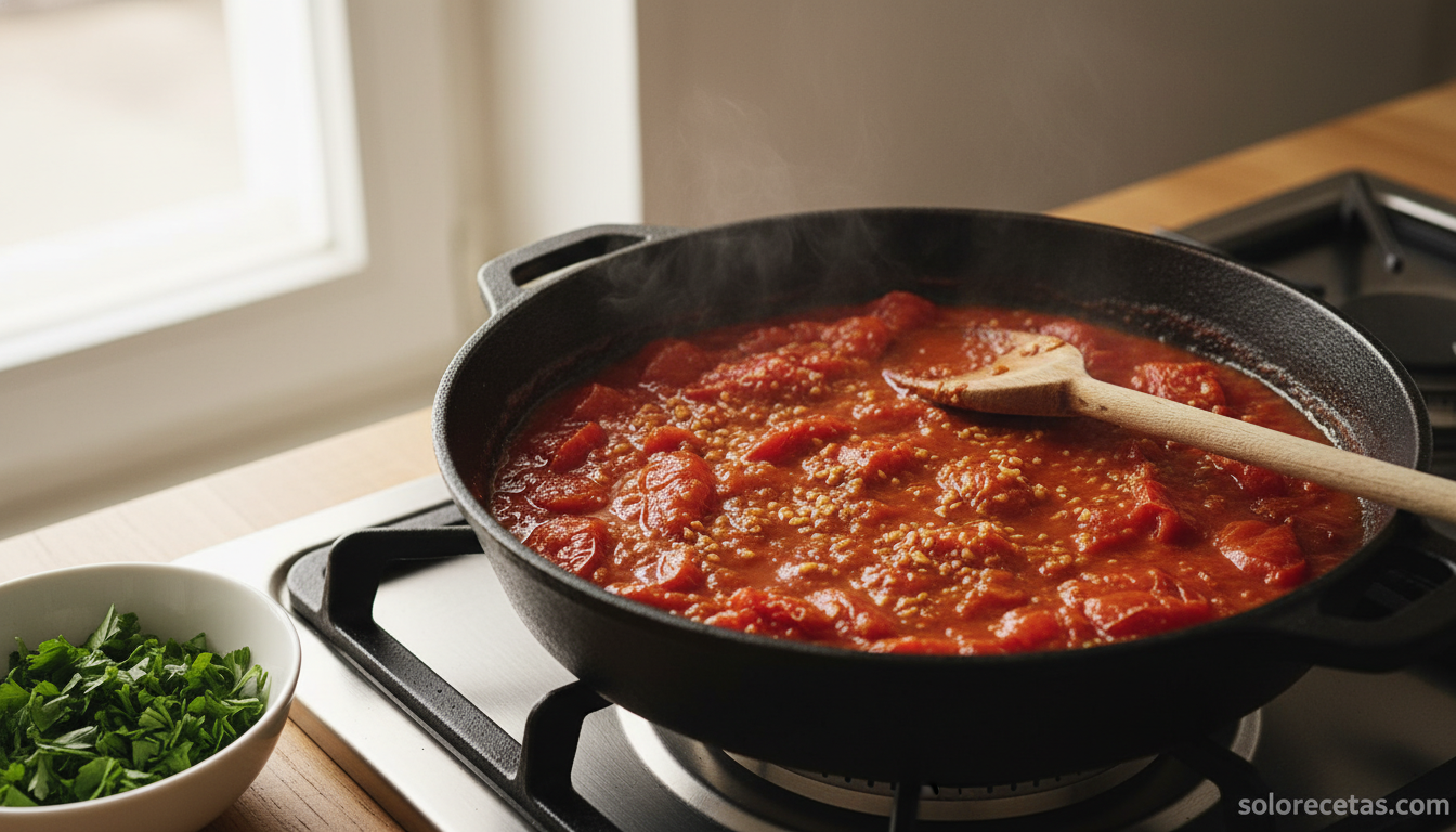 Tallarines a la romagnola: receta italiana autentica de Emilia-Romana 2 Salsa de tomate romagnola cocinandose a fuego lento en sarten de hierro