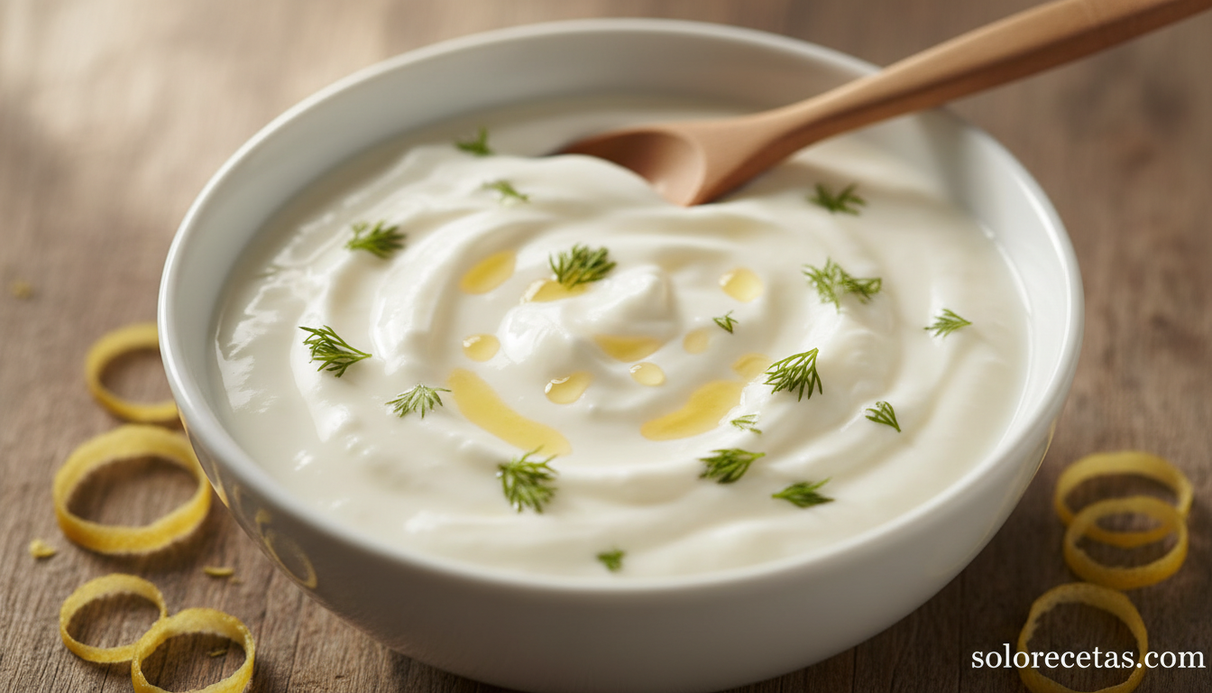 Salsa de yogur con eneldo y limon recien preparada en cuenco blanco