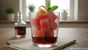 Sandía al aguardiente de cerezas servida en copa fría con menta