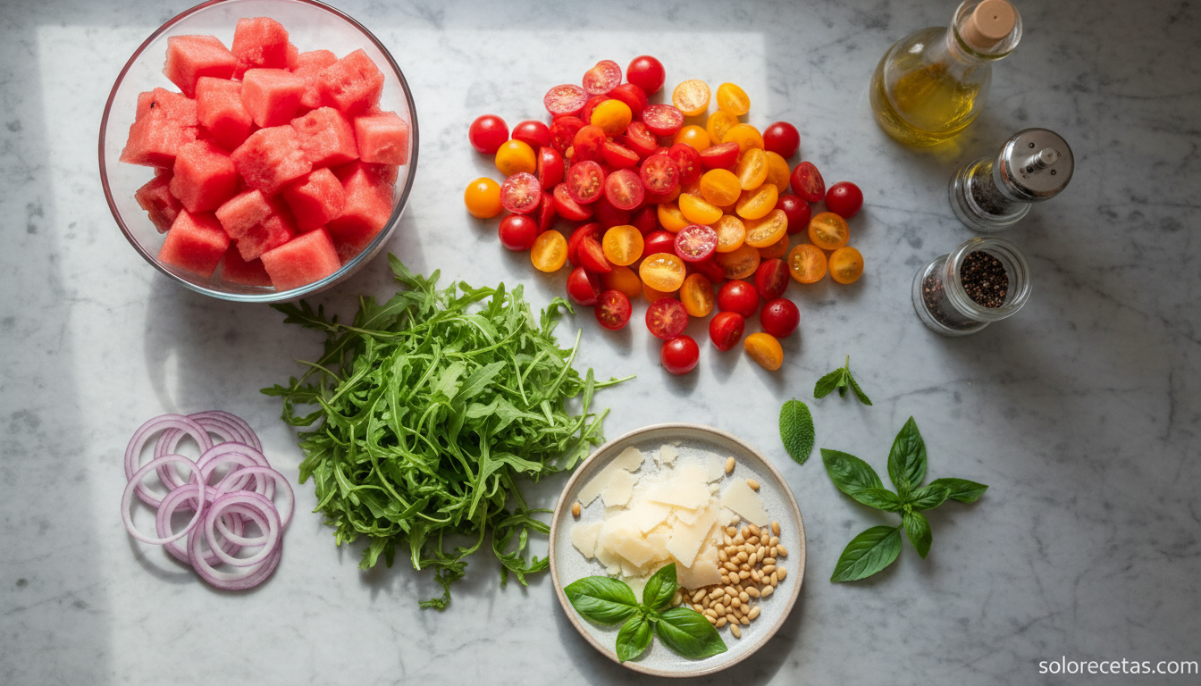 Ingredientes preparados para ensalada de sandia con tomate