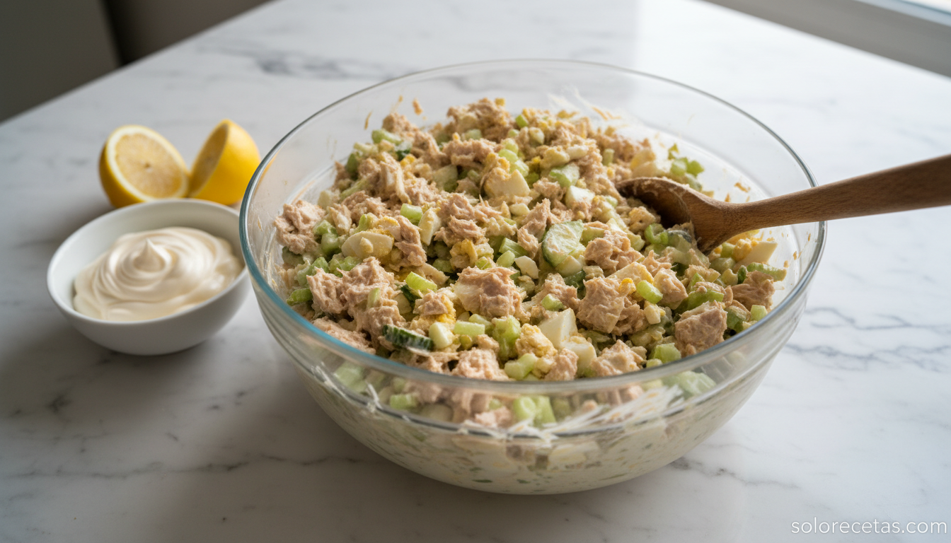 Relleno de atun con mayonesa, pepino y apio en bol