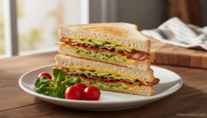 Sándwich de bacon y calabacín casero recién hecho cortado en diagonal