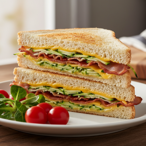 Sándwich de bacon y calabacín casero recién hecho cortado en diagonal