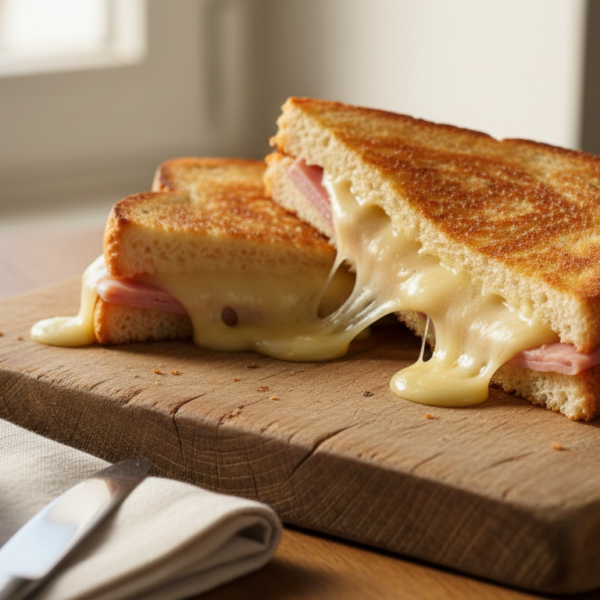 Sándwich bikini cortado en diagonal sobre tabla de madera con queso fundido