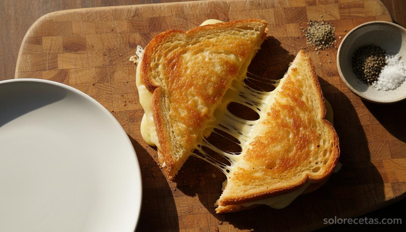 Sándwich bikini abierto con queso fundido estirandose entre las dos mitades