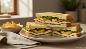 Sándwich de pollo y piña casero cortado por la mitad sobre plato blanco