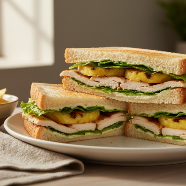 Sándwich de pollo y piña casero cortado por la mitad sobre plato blanco