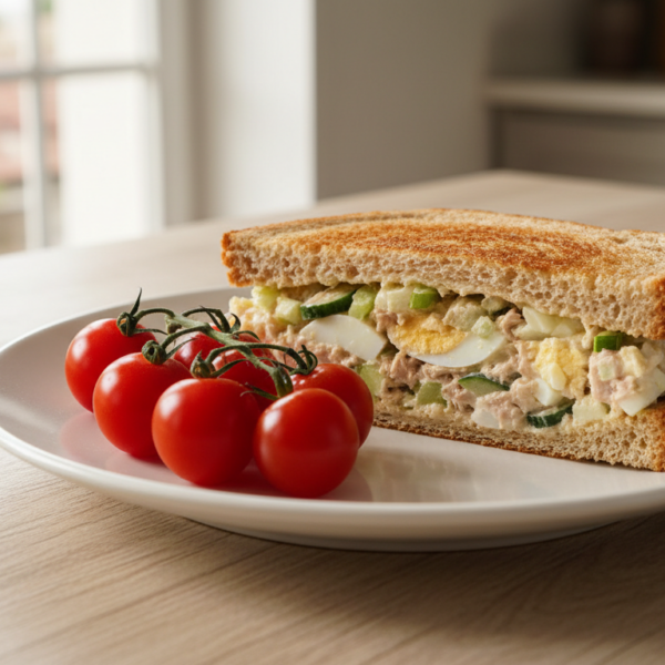 Sandwich fresh de atun con pepino y apio cortado en diagonal