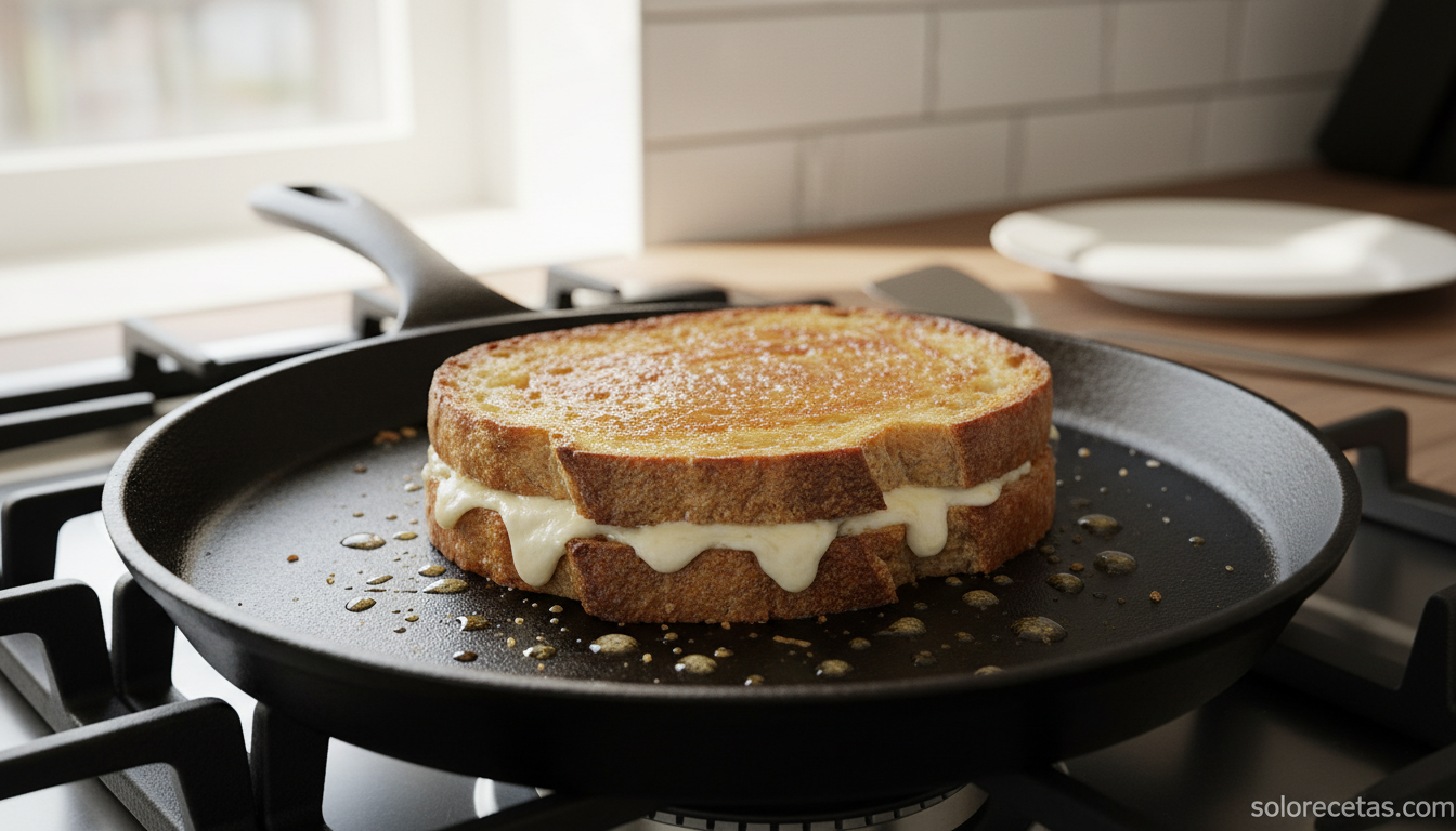Sándwich de bacon y calabacín: receta casera crujiente y jugosa 4 Sándwich tostándose en plancha con mantequilla dorando el pan