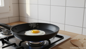 Sartén antiadherente con un huevo deslizándose, sin pegarse al fondo