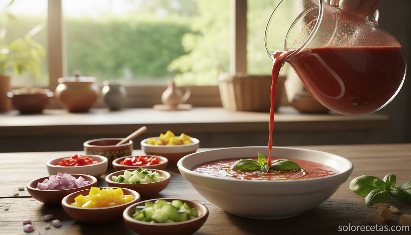 Gazpacho andaluz bien frío sirviéndose en cuenco con tropezones al lado