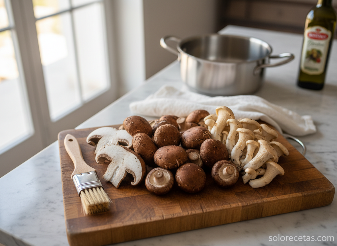 Setas variadas frescas limpiadas en tabla con cepillo de cocina