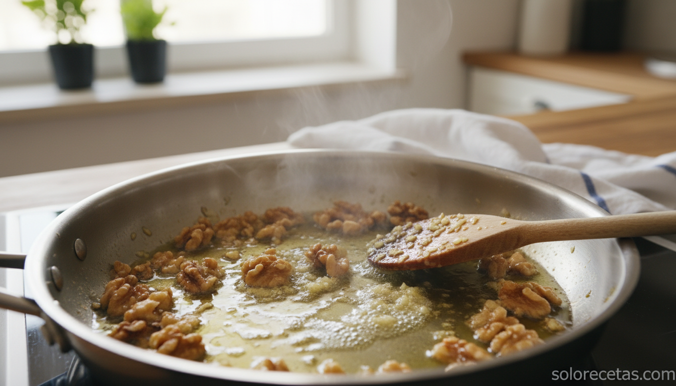 Nueces picadas y ajos sofriendose en sarten con vino blanco