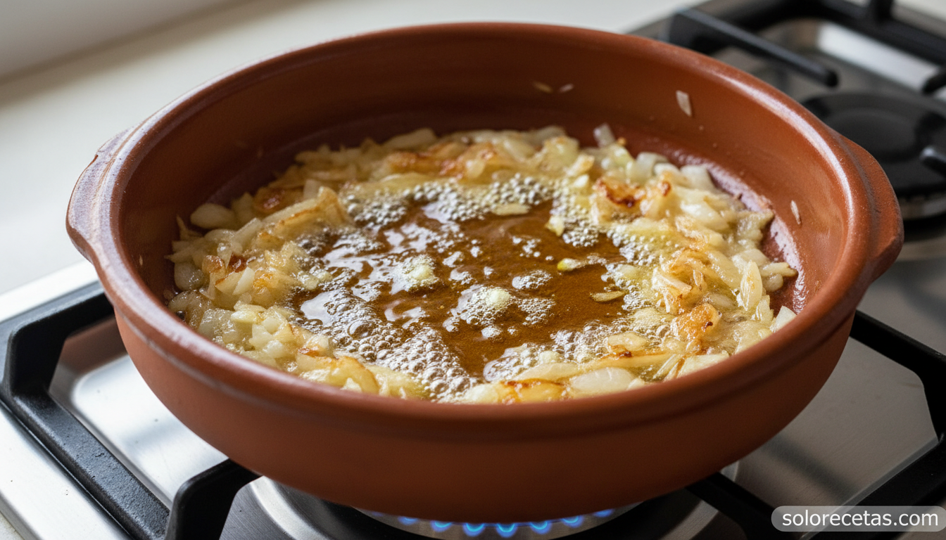 Cebolla y ajo pochándose en aceite de oliva en cazuela