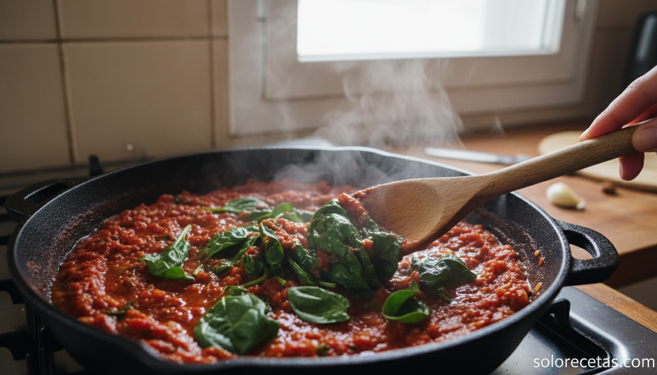 Sofrito de espinacas y tomate cocinando en sartén