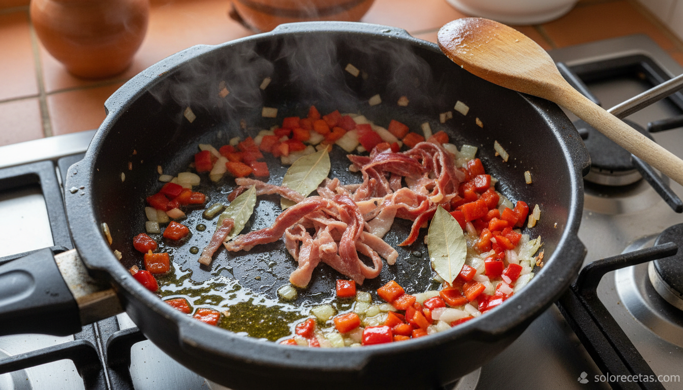 Sofrito de jamon serrano, cebolla y pimiento rojo dentro de una olla a presion para la sopa de judias pintas