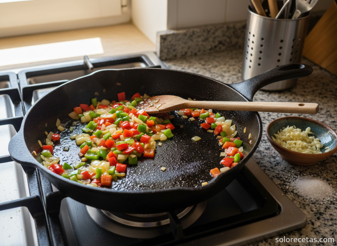Rollitos de beicon y pollo: receta de aperitivo fácil y jugosa 1 Sofrito de cebolla y pimientos en sartén para rollitos de beicon y pollo