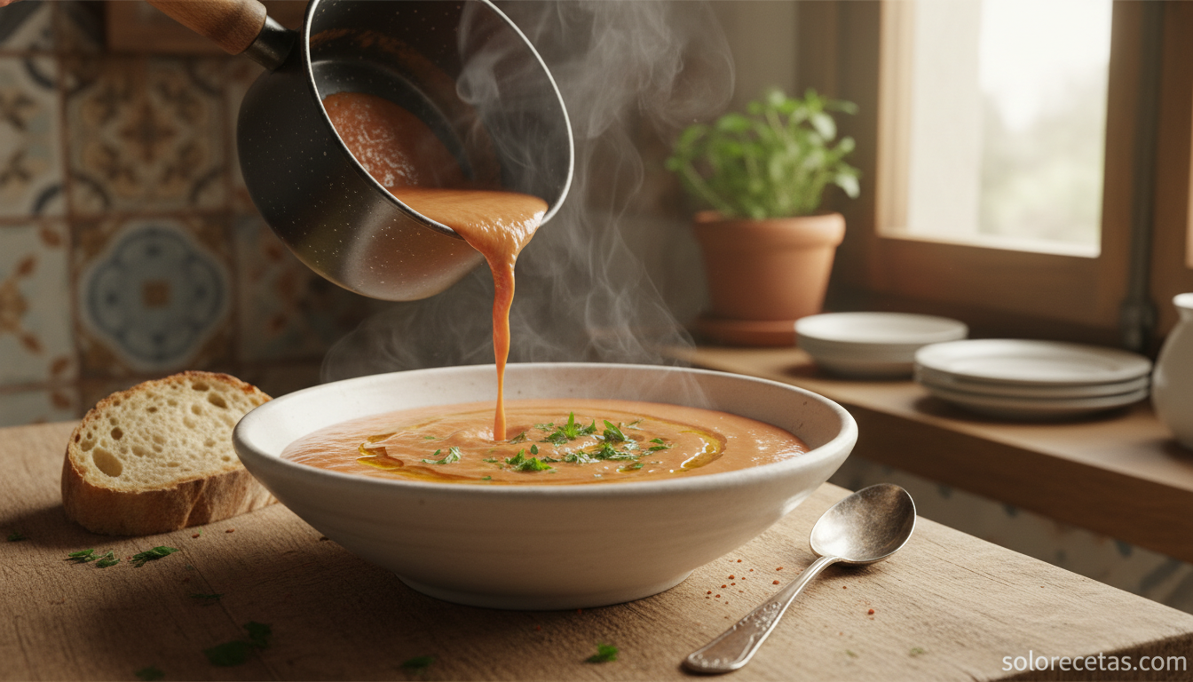 Sopa cremosa de judias pintas servida en cuenco blanco con perejil fresco y un chorrito de aceite de oliva