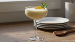 Sorpresa de yogur, cóctel cremoso sin alcohol servido en copa con menta y naranja