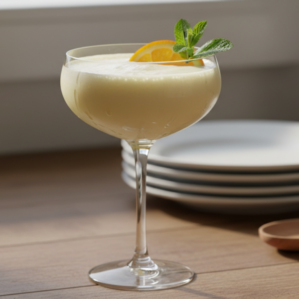 Sorpresa de yogur, cóctel cremoso sin alcohol servido en copa con menta y naranja