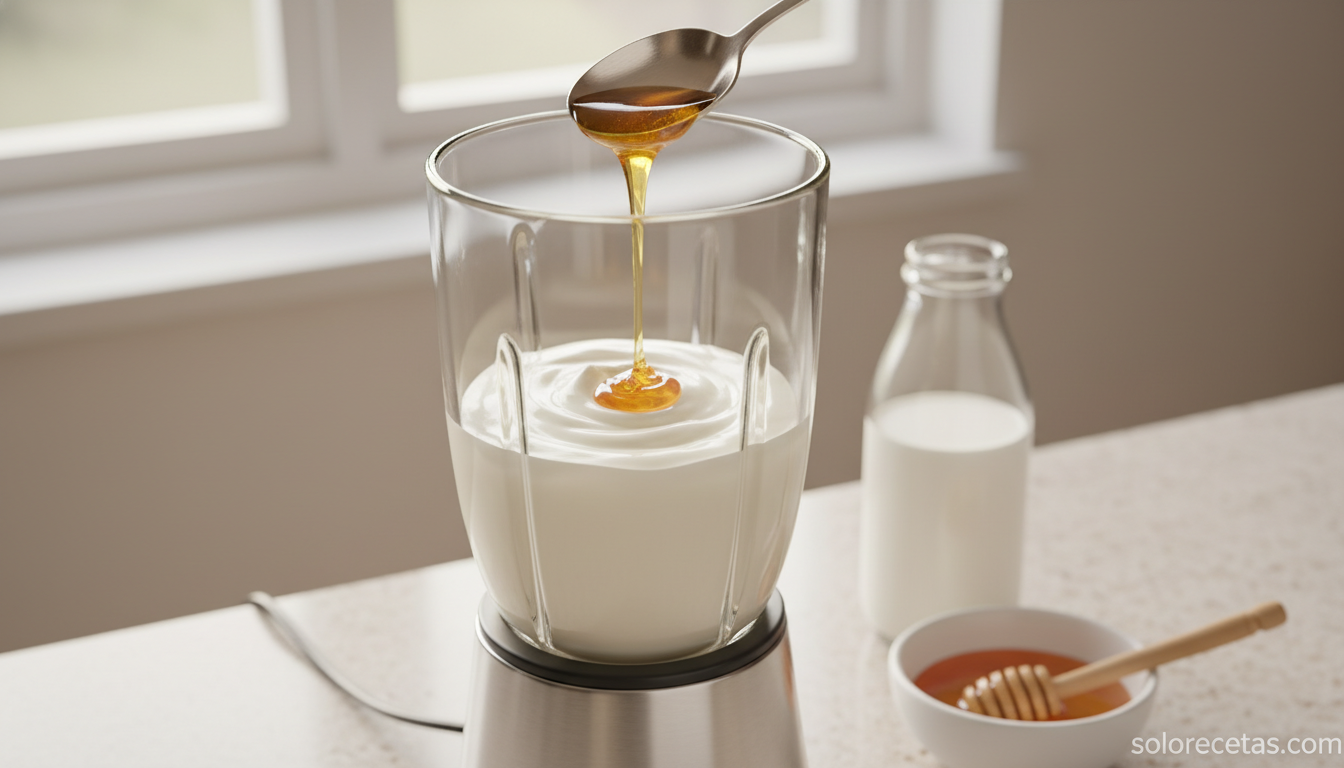 Mezcla de yogur, leche y miel batida en vaso de batidora
