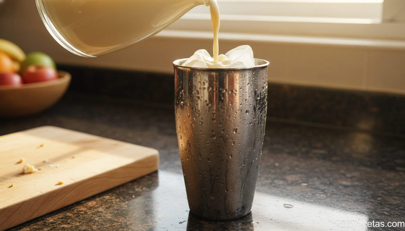 Coctelera con hielo y mezcla del cóctel sorpresa de yogur lista para agitar