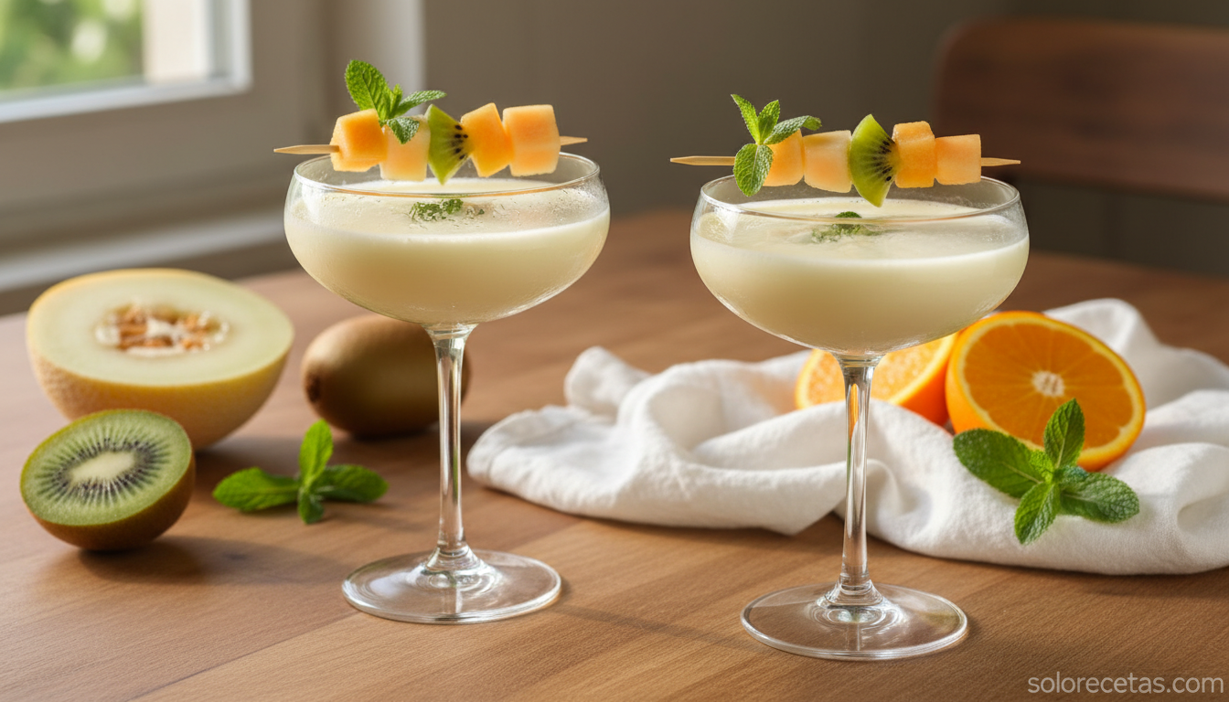 Cóctel sorpresa de yogur servido en copa decorado con menta y fruta