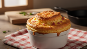 Soufflé de jamón y queso recién sacado del horno, hinchado y dorado