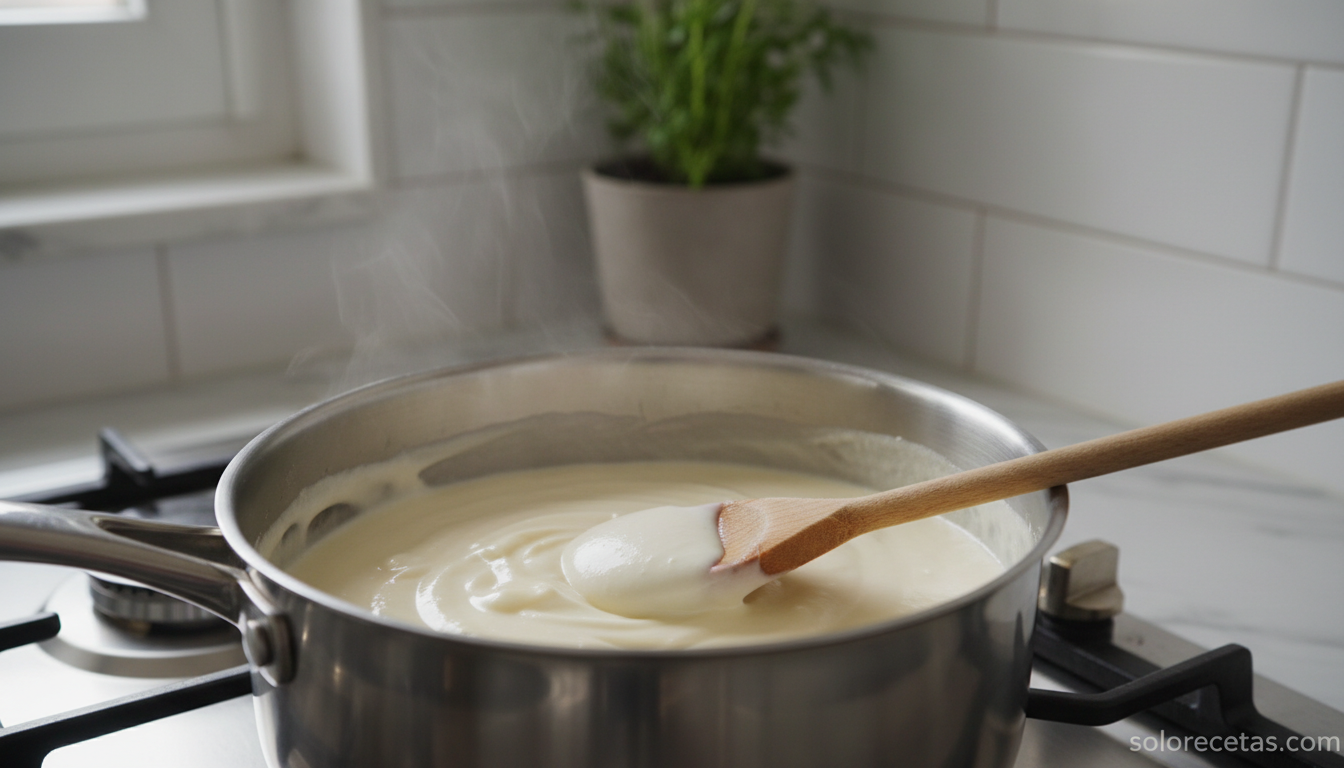 Bechamel espesa en un cazo, base del soufflé de jamón y queso