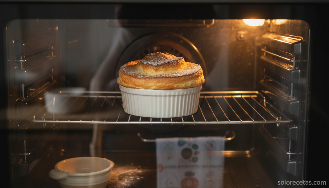Soufflé subiendo en el horno visto a través del cristal de la puerta
