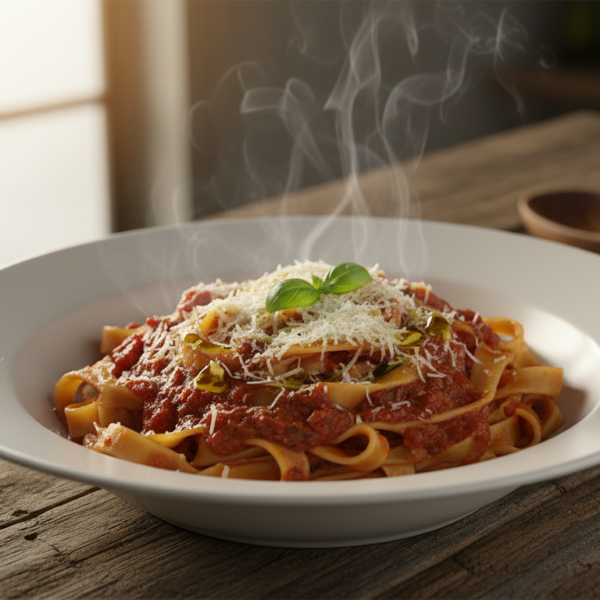 Tallarines a la romagnola con salsa de tomate y parmigiano reggiano