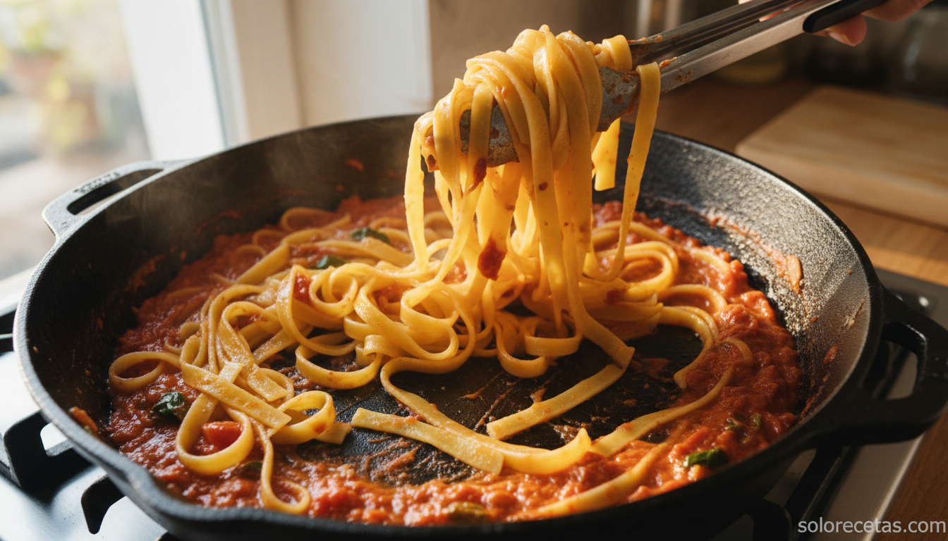 Tallarines a la romagnola: receta italiana autentica de Emilia-Romana 3 Tallarines al huevo mezclandose con la salsa romagnola en sarten