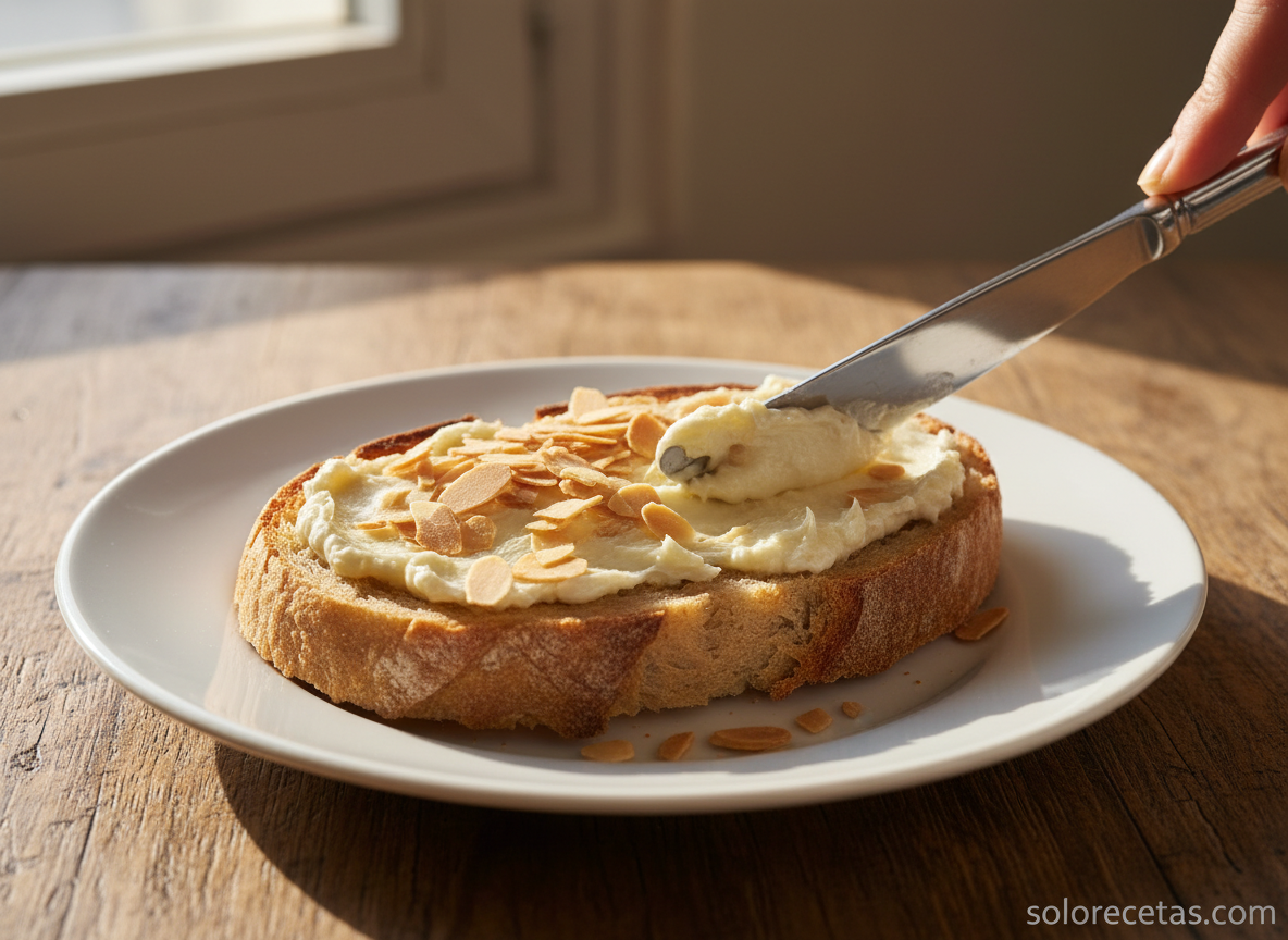 Tapita de queso brie con almendras tostadas sobre pan crujiente
