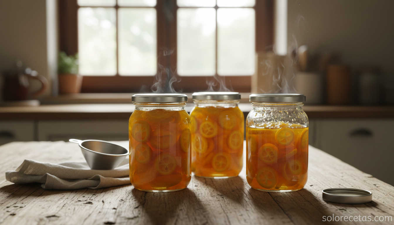 Tres tarros de mermelada de kumquat recien envasados