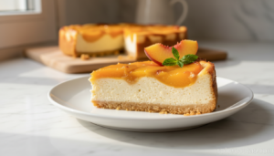 Porción de tarta de melocotón con requesón en plato blanco