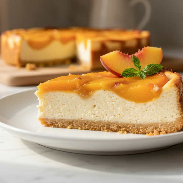 Porción de tarta de melocotón con requesón en plato blanco