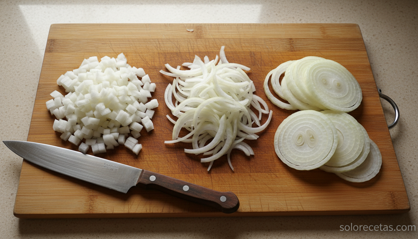 Tres técnicas de corte de cebolla: brunoise, juliana y aros