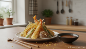 Home Elementor 16 Plato de tempura casera con verduras y langostinos recién fritos, servido con salsa tentsuyu