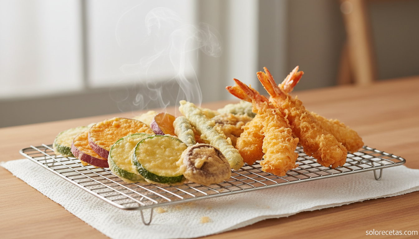 Piezas de tempura recién fritas escurriendo sobre rejilla con papel absorbente