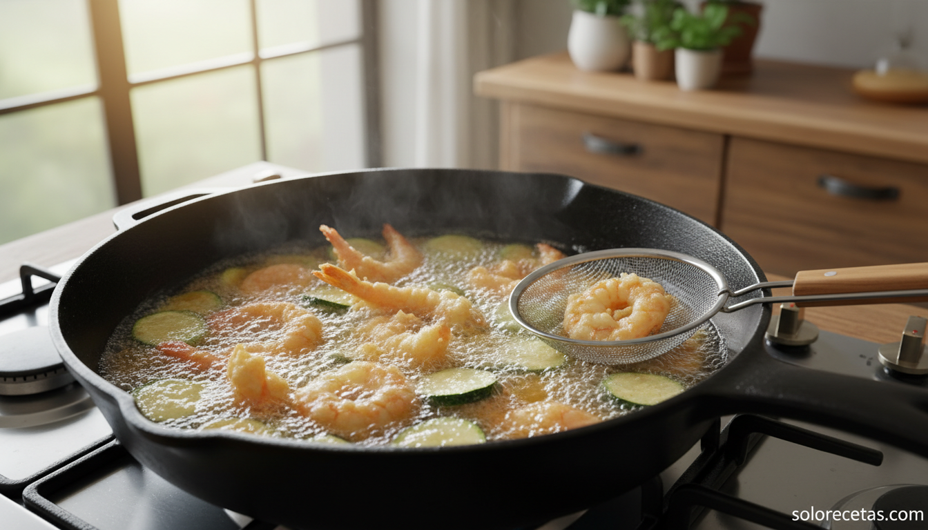 Tempura friéndose en aceite caliente, con las piezas dorándose y burbujeando