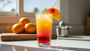 Cóctel tequila sunrise con su característico degradado rojo, naranja y amarillo en vaso highball con hielo y rodaja de naranja