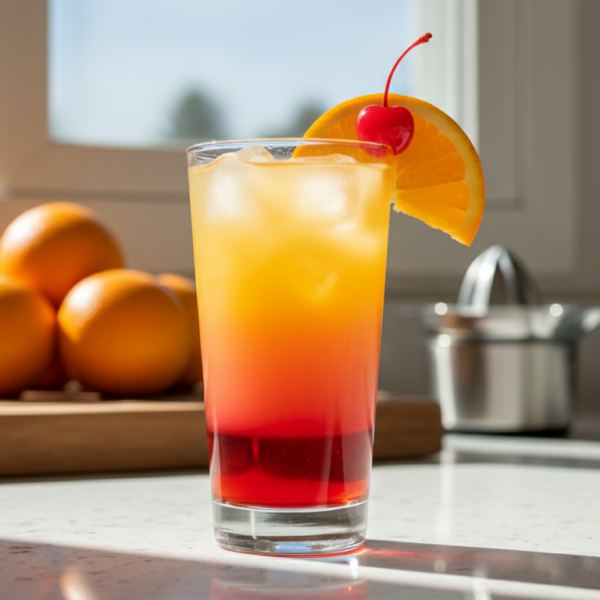 Cóctel tequila sunrise con su característico degradado rojo, naranja y amarillo en vaso highball con hielo y rodaja de naranja
