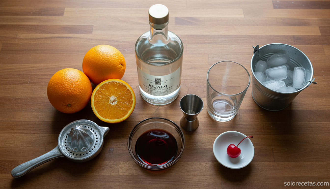 Tequila Sunrise: receta auténtica del cóctel paso a paso 1 Ingredientes para preparar tequila sunrise: tequila blanco, naranjas, granadina y hielo sobre encimera de madera