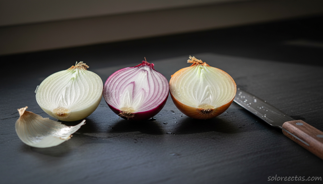 Tres tipos de cebolla cortadas: blanca, roja y amarilla