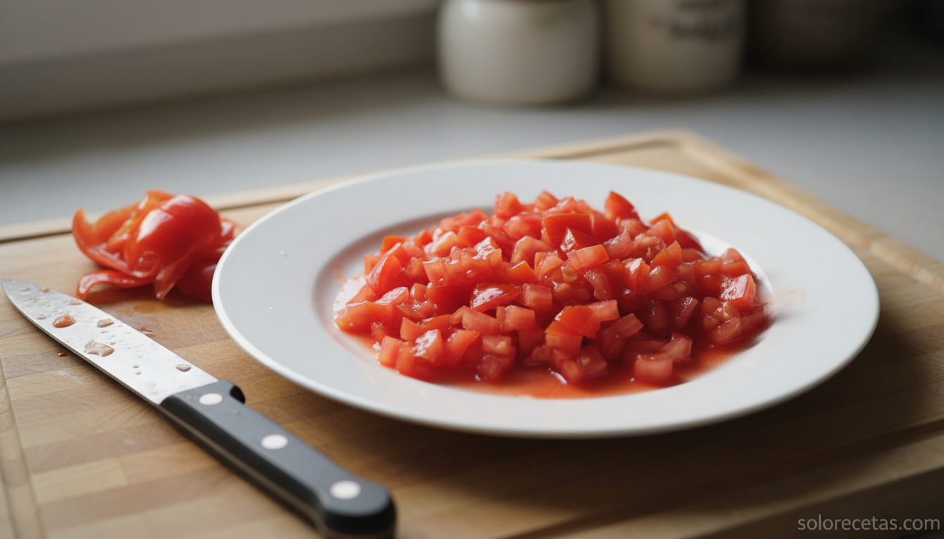Tomates pelados y troceados en dados sobre plato blanco